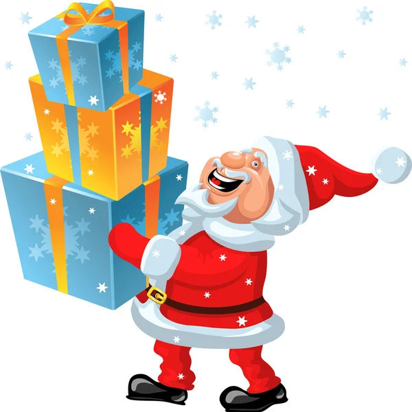 Wektor zadowolony Mikołaj przynosi w rękach wielu prezentów — Wektor stockowy
