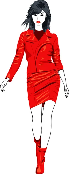 Διάνυσμα ασιατικό κορίτσι της μόδας σε ένα κοστούμι κόκκινο δέρμα — Διανυσματικό Αρχείο