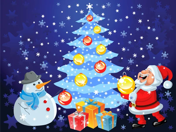 ベクター幸せなサンタ クロースと雪だるま、クリスマス ツリーを飾る — ストックベクタ
