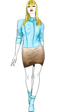 Vector fashion blond girl in a blue and brown leather suit clipart