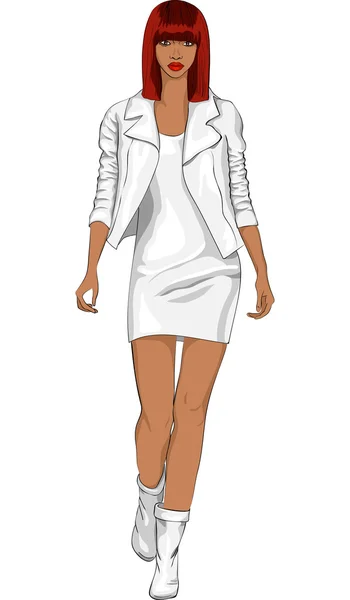 Mode vectorielle fille noire dans un costume en cuir blanc — Image vectorielle