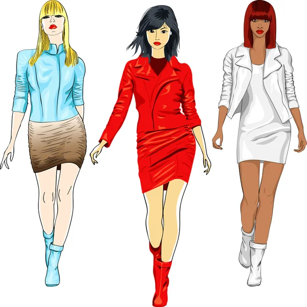 Vektor uppsättning mode flickor i läder färger — Stock vektor