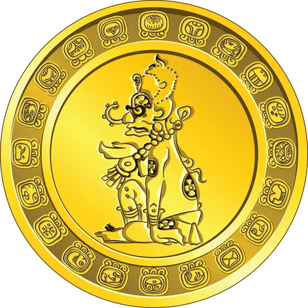 Moneda vectorial de oro con la imagen de Dios y el hiero maya — Vector de stock