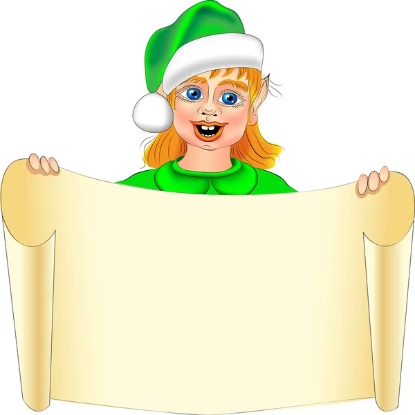 Vektor lustige Cartoon-Weihnachtself mit einer Papierrolle in seinem — Stockvektor