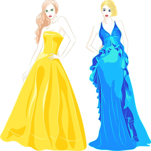 Φορέα που του κορυφαίο πρότυπο μόδας σε ένα διάσελο κίτρινο και μπλε φορέματα — Διανυσματικό Αρχείο