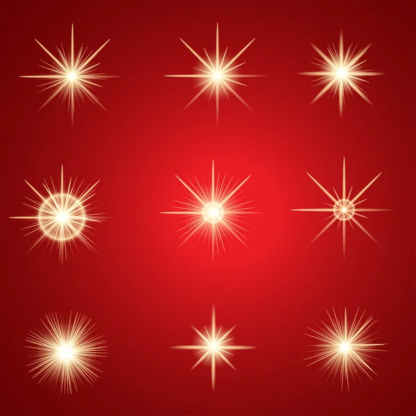 Ensemble d'étoiles brillantes un fond rouge — Image vectorielle