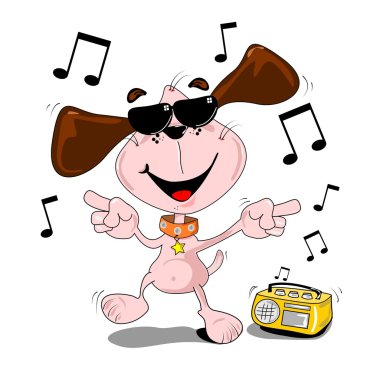 Cartoon dog with sunglasses dancing clipart