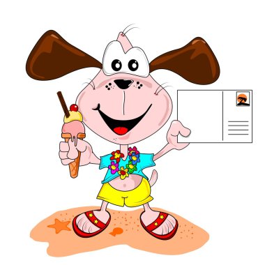 Cartoon dog on holiday vacation with blank postcard clipart