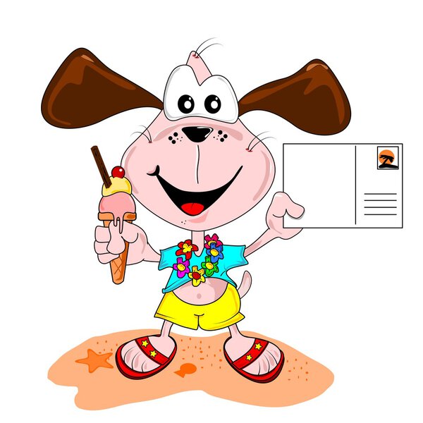 Cartoon dog on holiday vacation with blank postcard