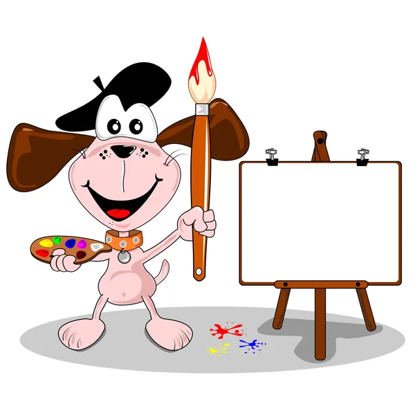 Cartoon dog umělec s štětec a stojan — Stockový vektor
