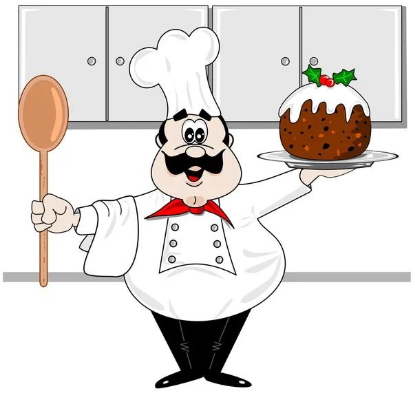 Cartoon chef-kok & Christmas pudding — Stockvector