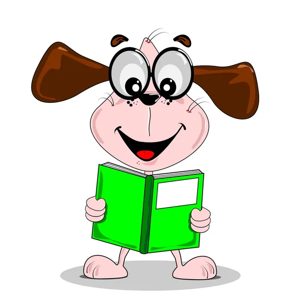 Perro de dibujos animados con gafas leyendo un libro — Vector de stock