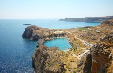 Lindos (Rhodes island Bay'de St. Paul'ın üzerinde havadan görünümü)