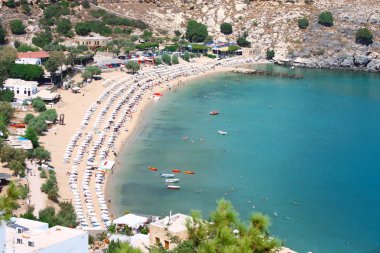 View from above of the main beach in Lindos, Rhodes, one of the clipart