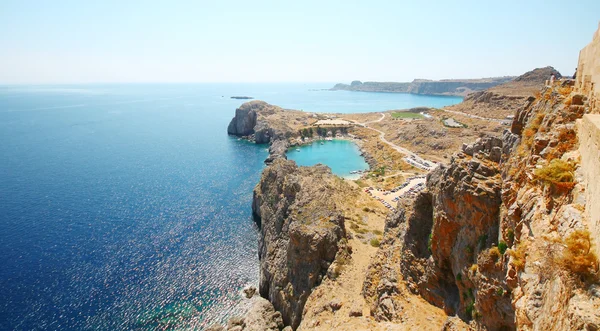 Aerial view on St. Paul's bay in Lindos (Rhodes island) — Stock Photo, Image
