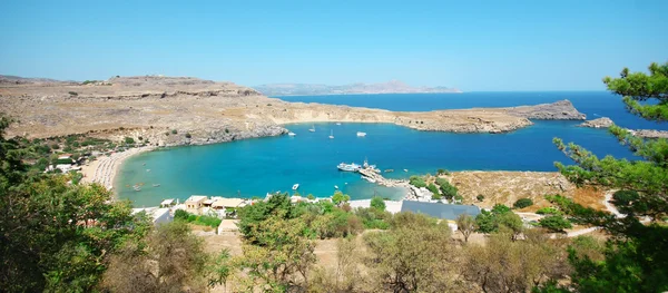 Panorama view at Lindou Bay from Lindos Rhodes island, Greece — Stock Photo, Image