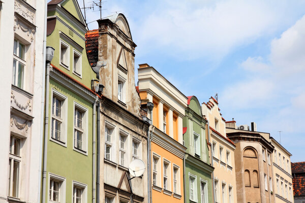 Poznan, Poland - city architecture. Greater Poland province (Wielkopolska). Old colorful buildings at main square (Rynek).