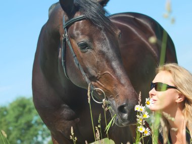 Beautiful women with daizes and her mare clipart