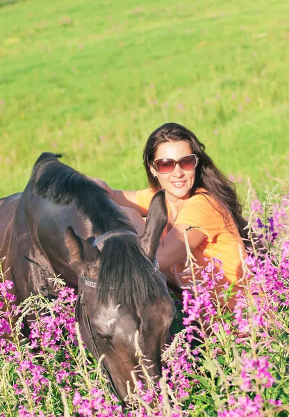 Pretty women with horse in field — Stok fotoğraf