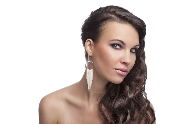 Brunette met lange haren, silver earring — Stockfoto