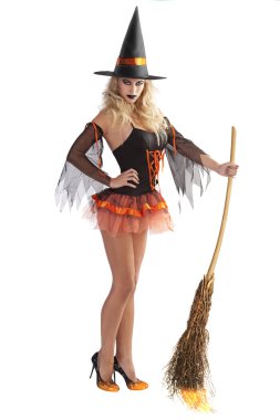 The orange witch flying with broom clipart