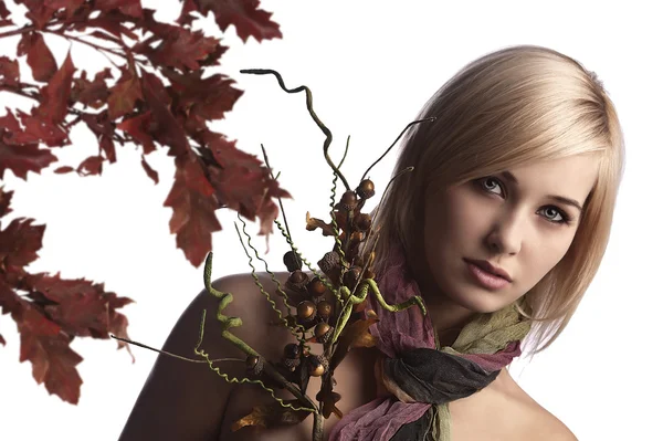 Portrait of a cute and natural blonde with autumn flowers — Stock Photo, Image