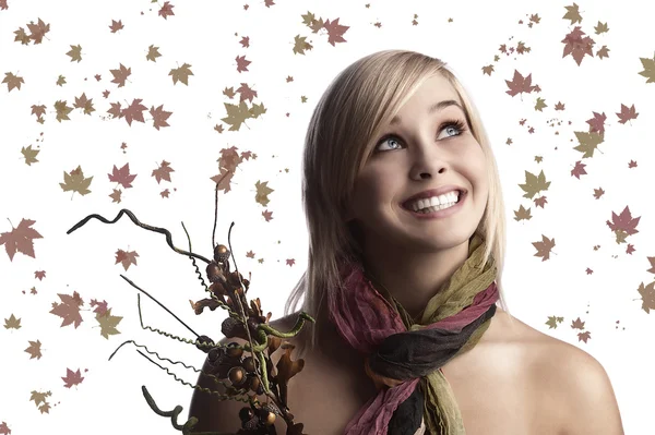 Pretty girl with an autumn bouquet — Stock Photo, Image