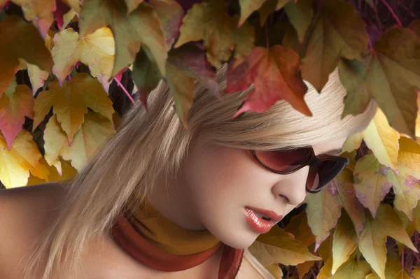 Loira menina retrato com óculos de sol elegantes — Fotografia de Stock
