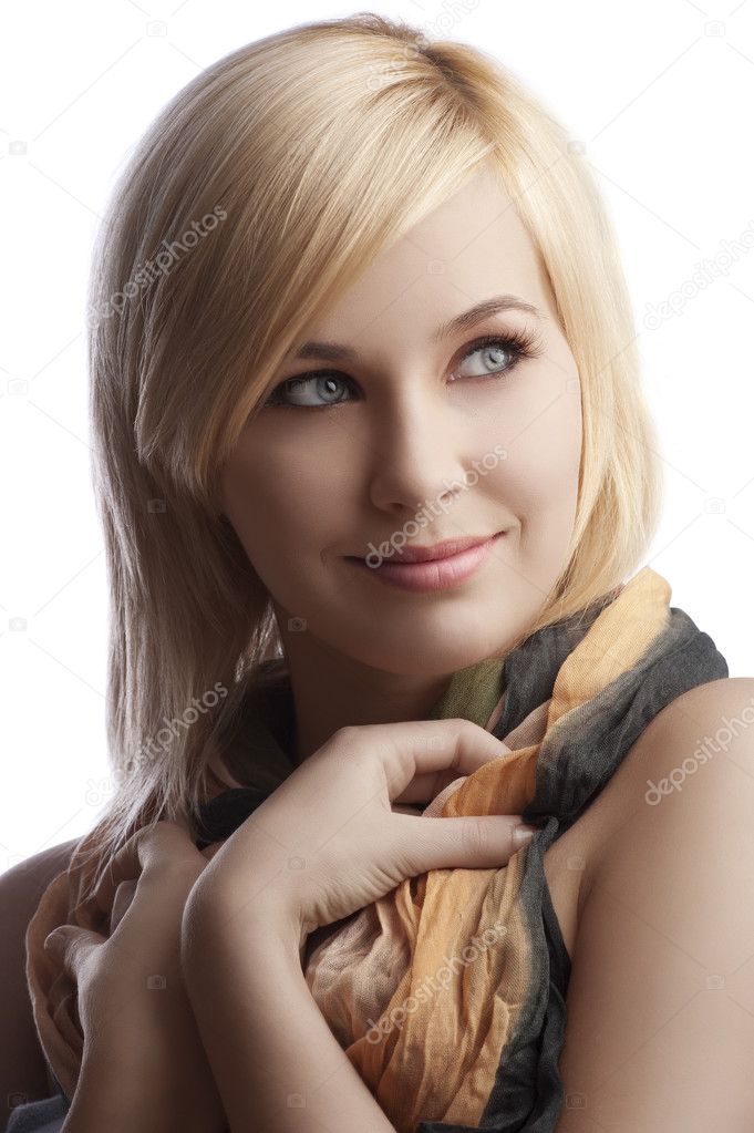 Portrait of blond girl with beautiful scarf