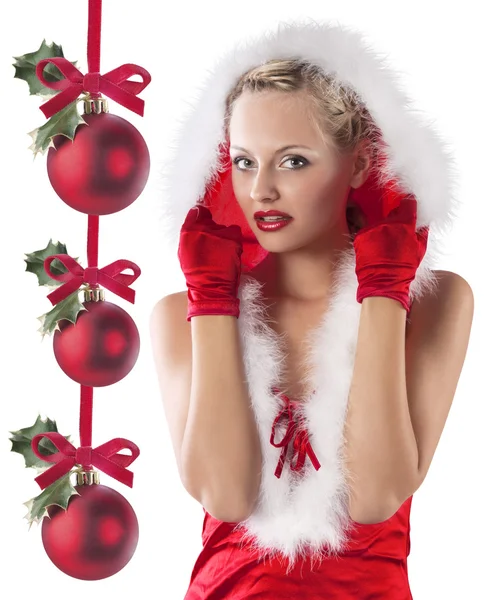 Red and sexy santa claus girl hiding under hood — Stock Photo, Image
