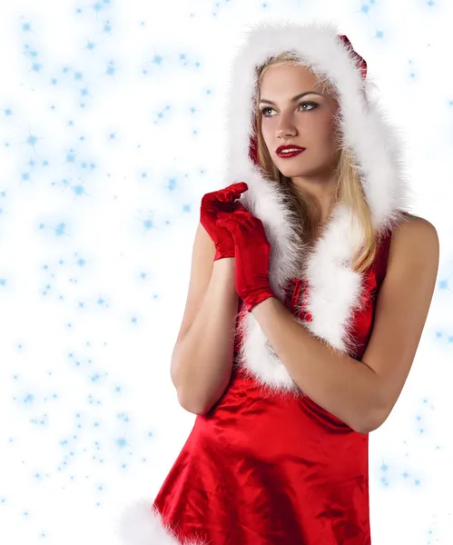 Navidad joven vestida de rojo aplaudiendo las manos — Foto de Stock