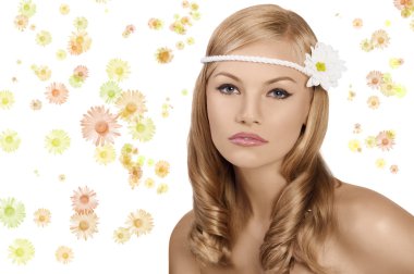 Old fashion shot of blond girl with daisy looking at the camera clipart