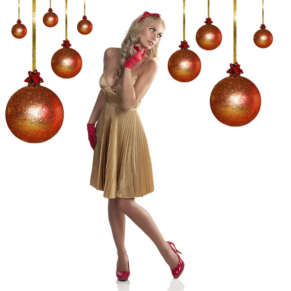 Dulce chica de Navidad en vestido de oro — Foto de Stock