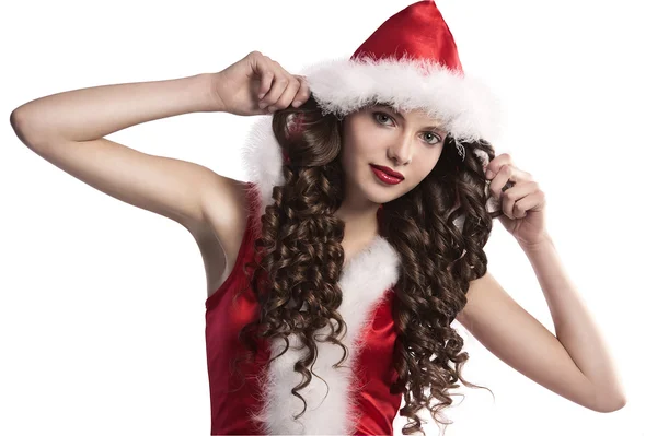 Curly brunette verkleed als santa claus — Stockfoto