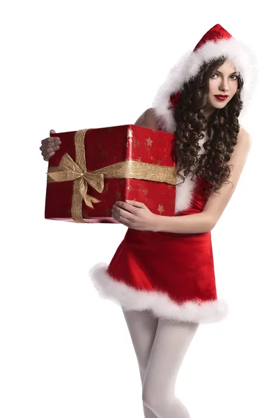 Santa Claus chica con caja de regalo — Foto de Stock