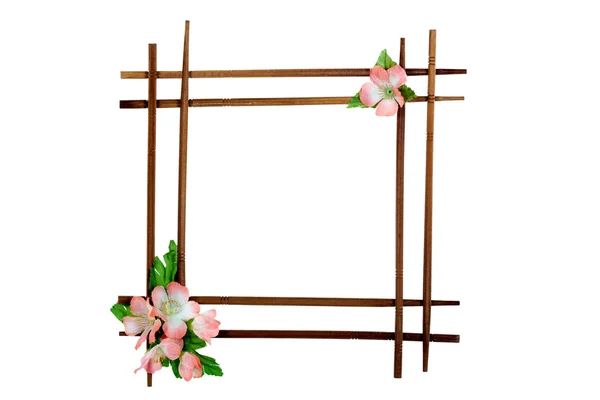 Decorative wooden frame with flowers, isolated on white backgrou — Stock Photo, Image