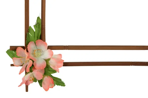 Moldura de madeira decorativa com flores, isolado em backgrou branco — Fotografia de Stock