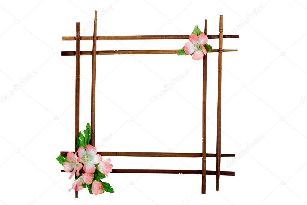 Decorative wooden frame with flowers, isolated on white backgrou