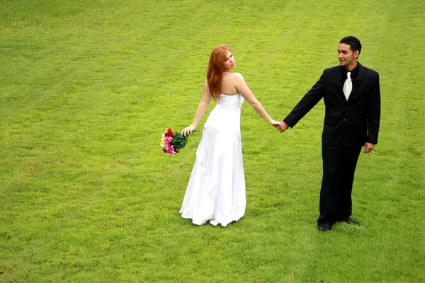 Nevěsta a ženich na zeleném trávníku — Stock fotografie