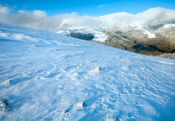 Erster Schnee im Winter und im letzten Herbst buntes Laub im Berg — Stockfoto