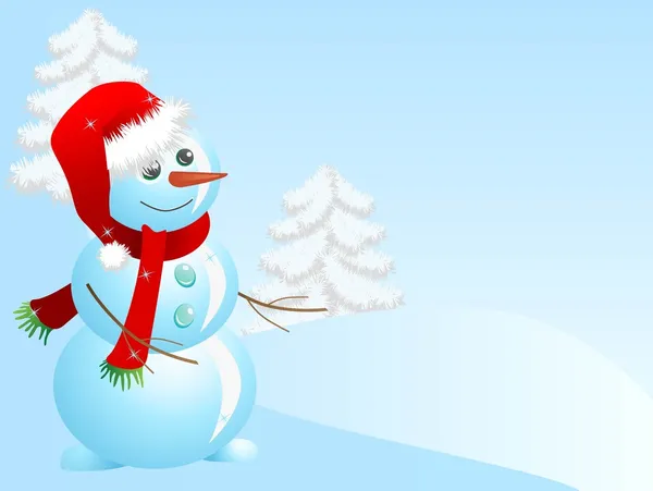 Fond d'hiver avec bonhomme de neige et sapins — Image vectorielle