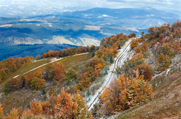 Первая зима снег и осень красочные листья на горе — стоковое фото