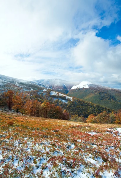 Перший зимовий сніг і осінь барвисте листя на горі — стокове фото
