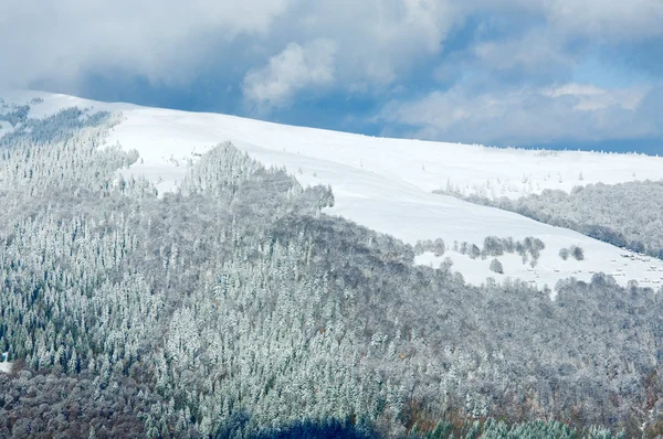 Eerste wintersneeuw en laatste herfst kleurrijke gebladerte in mount — Stockfoto