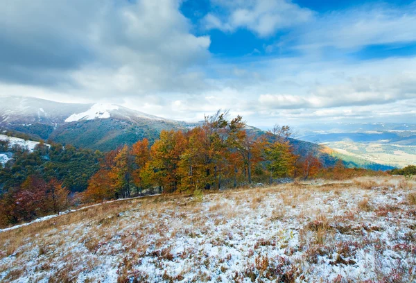 Πρώτο χειμώνα χιόνι και το φθινόπωρο πολύχρωμα φύλλωμα στο βουνό — Φωτογραφία Αρχείου