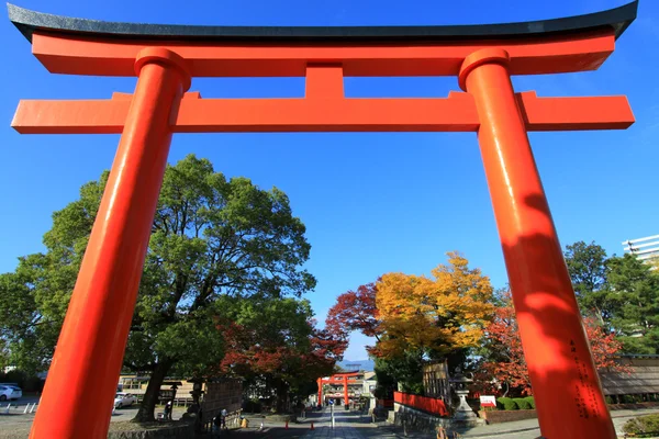 Torii en hojas de colores y árboles en Japón: Fujimi Inari Kouyou — Foto de Stock
