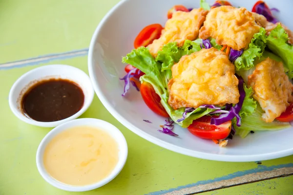 stock image Delicious salad with fish, vegetable and dipping sauce