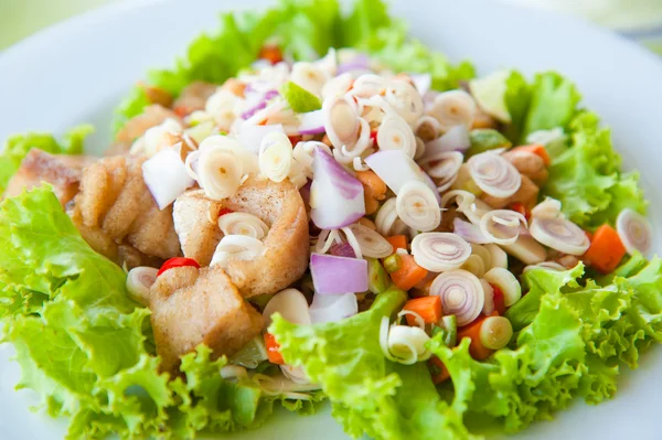 Thajské oblečený pikantní salát s bass, zelené bylinky a ořechy: vynikající jídlo — Stock fotografie