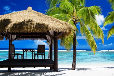 Tropical gazebo on amazing beach with palm tree clipart