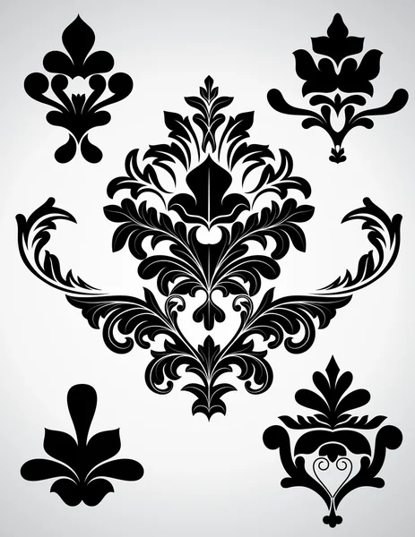Vintage zwarte vorm damast bloeien elementen — Stockvector